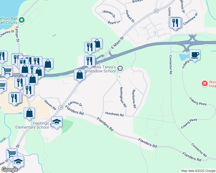 map of restaurants, bars, coffee shops, grocery stores, and more near 20 Longmeadow Road in Westborough