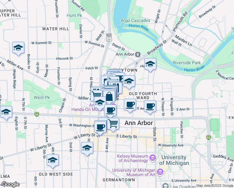 map of restaurants, bars, coffee shops, grocery stores, and more near 303 North 5th Avenue in Ann Arbor