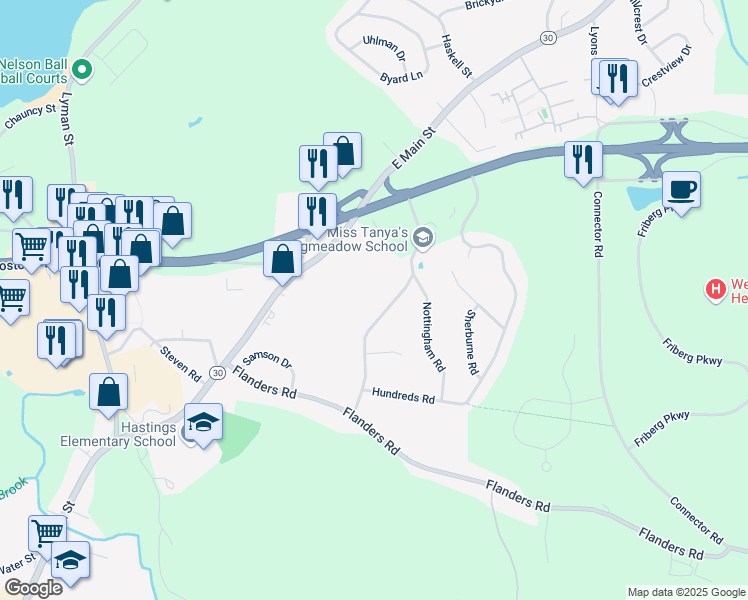 map of restaurants, bars, coffee shops, grocery stores, and more near 20 Longmeadow Road in Westborough
