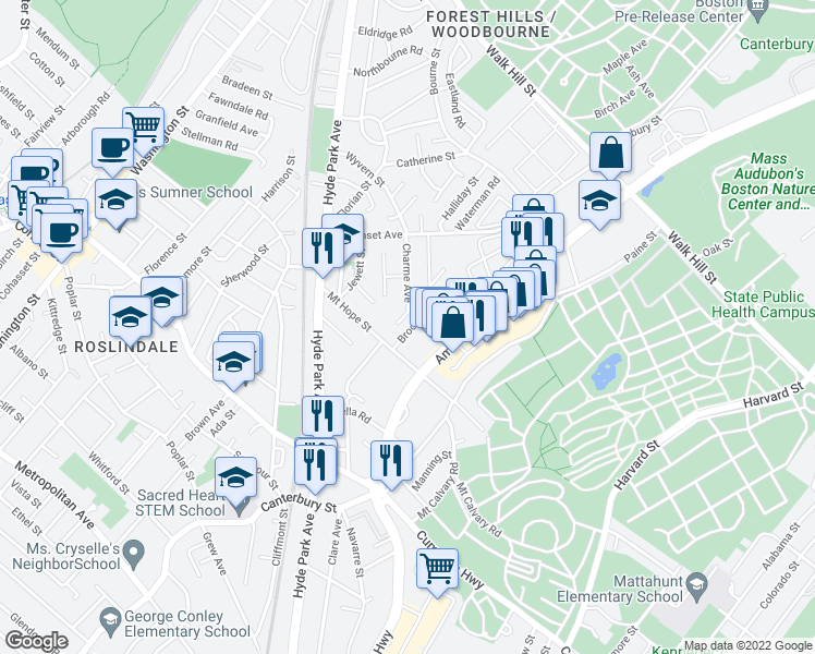 map of restaurants, bars, coffee shops, grocery stores, and more near 35 Brook Street in Boston