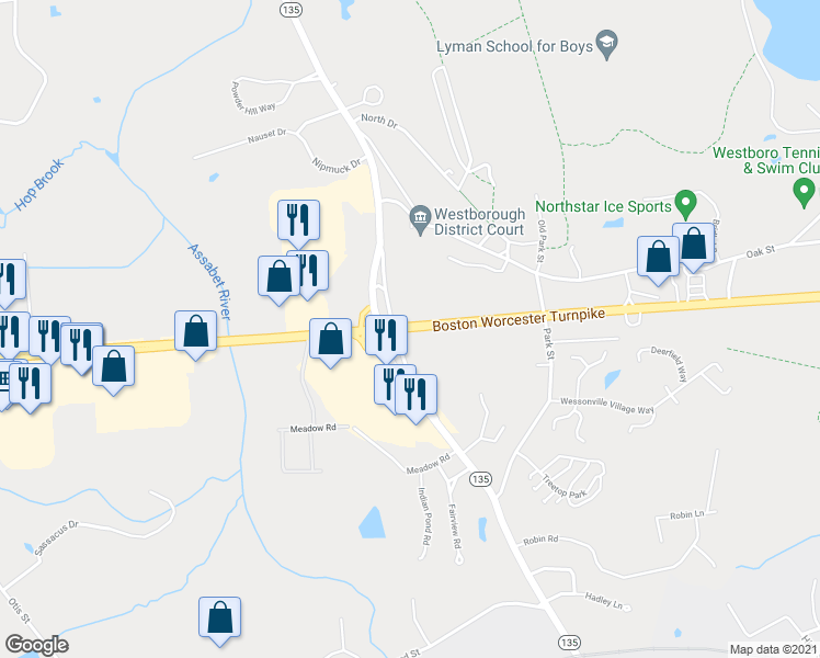 map of restaurants, bars, coffee shops, grocery stores, and more near Turnpike Rd in Worcester