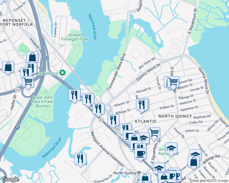 map of restaurants, bars, coffee shops, grocery stores, and more near 90 Quincy Shore Drive in Quincy