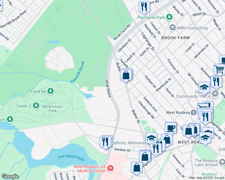 map of restaurants, bars, coffee shops, grocery stores, and more near 1100 VFW Parkway in Boston