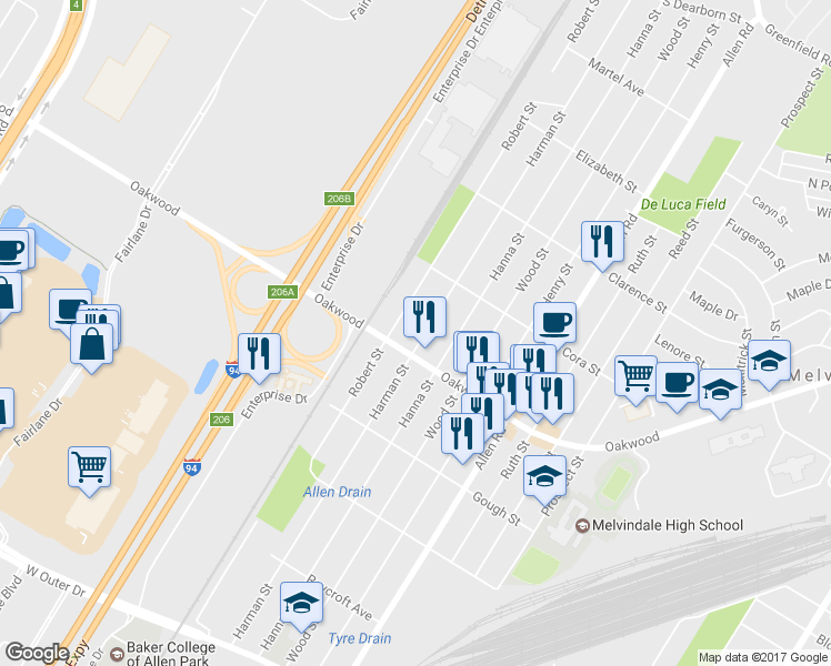 map of restaurants, bars, coffee shops, grocery stores, and more near 18317 Harman Street in Melvindale