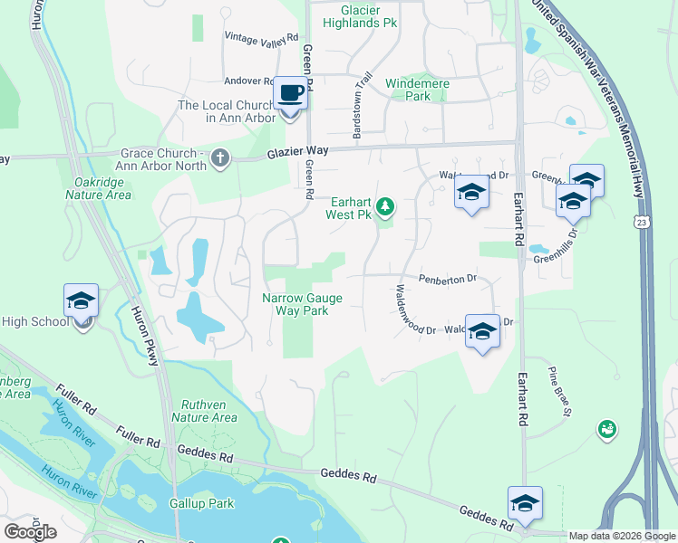 map of restaurants, bars, coffee shops, grocery stores, and more near 3805 Penberton Court in Ann Arbor