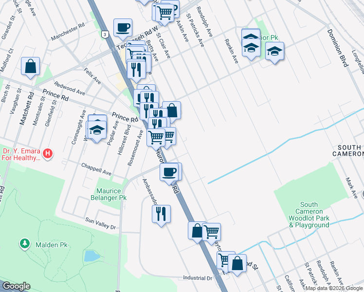 map of restaurants, bars, coffee shops, grocery stores, and more near 1805 Northway Avenue in Windsor