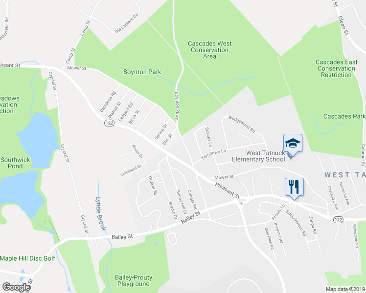 map of restaurants, bars, coffee shops, grocery stores, and more near 455 Mower Street in Worcester