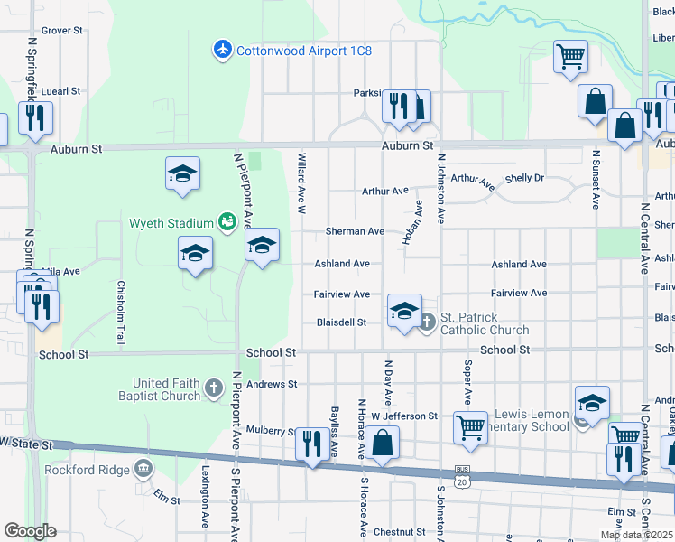 map of restaurants, bars, coffee shops, grocery stores, and more near 721 North Greenview Avenue in Rockford