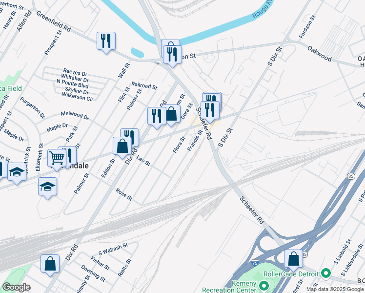 map of restaurants, bars, coffee shops, grocery stores, and more near 17209 Flora Street in Melvindale