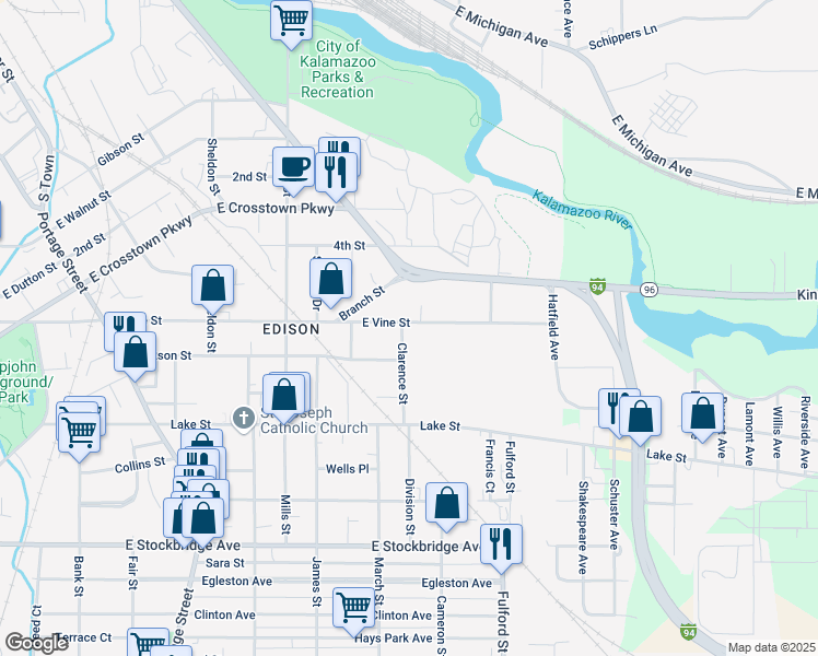 map of restaurants, bars, coffee shops, grocery stores, and more near 817 Clarence Street in Kalamazoo