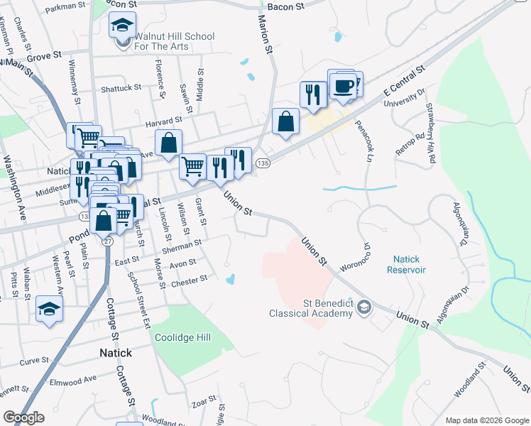 map of restaurants, bars, coffee shops, grocery stores, and more near 21 1/2 Union Street in Natick