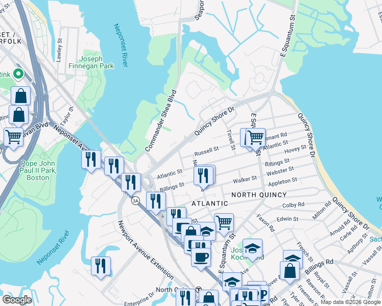 map of restaurants, bars, coffee shops, grocery stores, and more near 14 Russell Street in Quincy