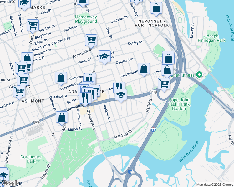 map of restaurants, bars, coffee shops, grocery stores, and more near 596-598 Gallivan Boulevard in Boston