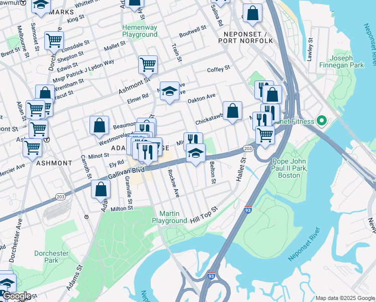 map of restaurants, bars, coffee shops, grocery stores, and more near 596-598 Gallivan Boulevard in Boston