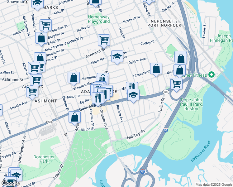 map of restaurants, bars, coffee shops, grocery stores, and more near 566 Gallivan Boulevard in Boston