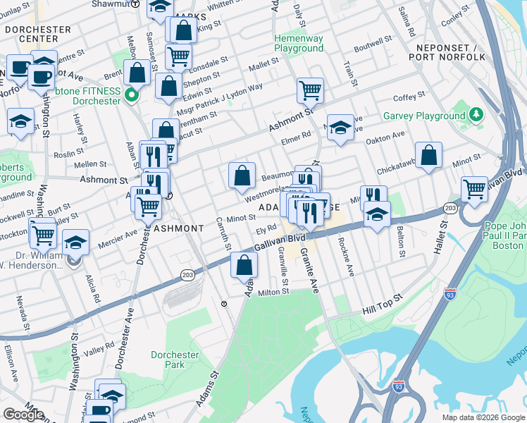 map of restaurants, bars, coffee shops, grocery stores, and more near 260 Minot Street in Boston
