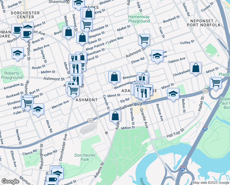 map of restaurants, bars, coffee shops, grocery stores, and more near 287 Minot Street in Boston