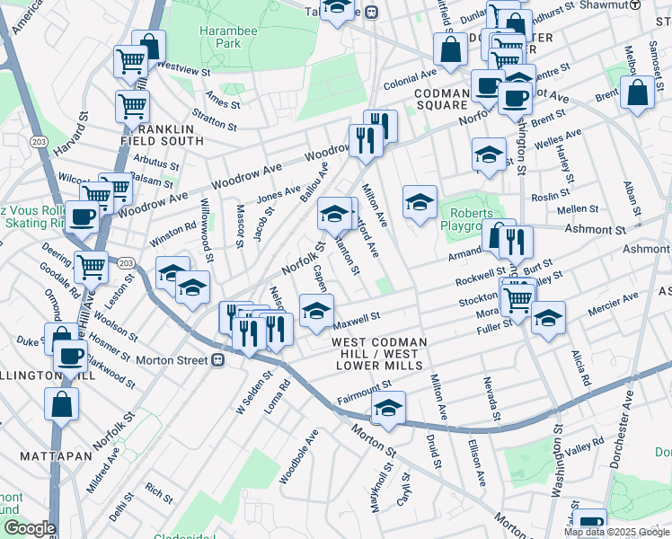 map of restaurants, bars, coffee shops, grocery stores, and more near 12 Capen Street in Boston