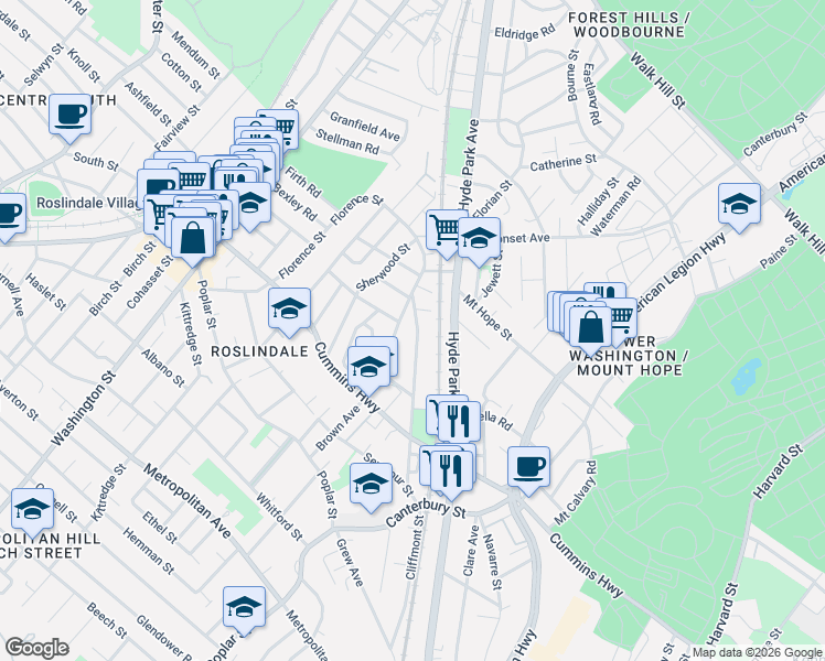 map of restaurants, bars, coffee shops, grocery stores, and more near 119 Brown Avenue in Boston