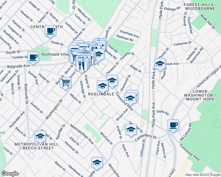 map of restaurants, bars, coffee shops, grocery stores, and more near 105 Cummins Highway in Boston