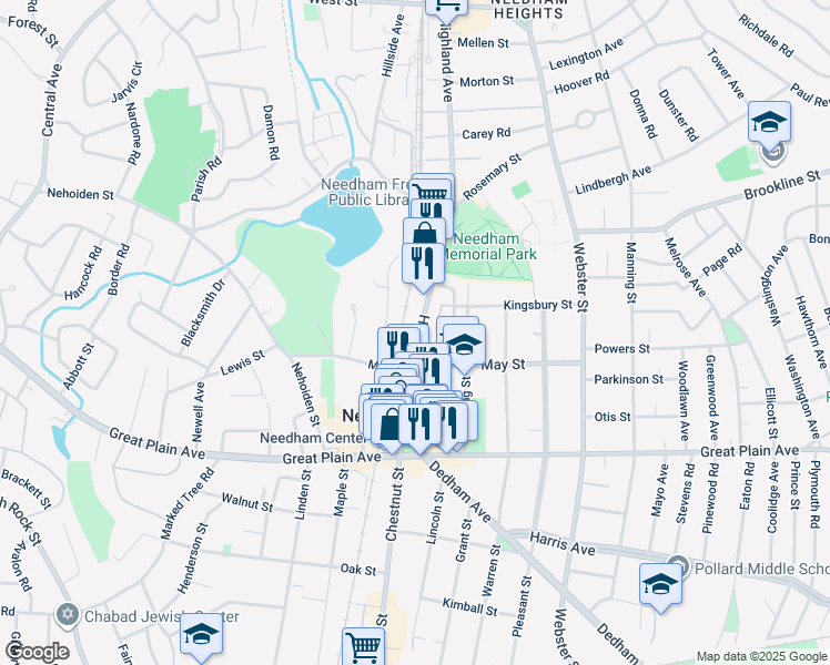 map of restaurants, bars, coffee shops, grocery stores, and more near in Needham