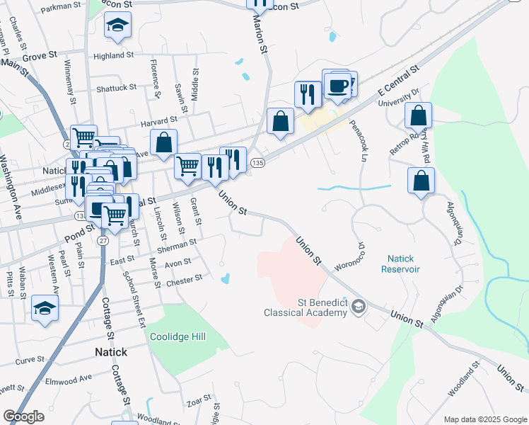 map of restaurants, bars, coffee shops, grocery stores, and more near 31 Union Street in Natick