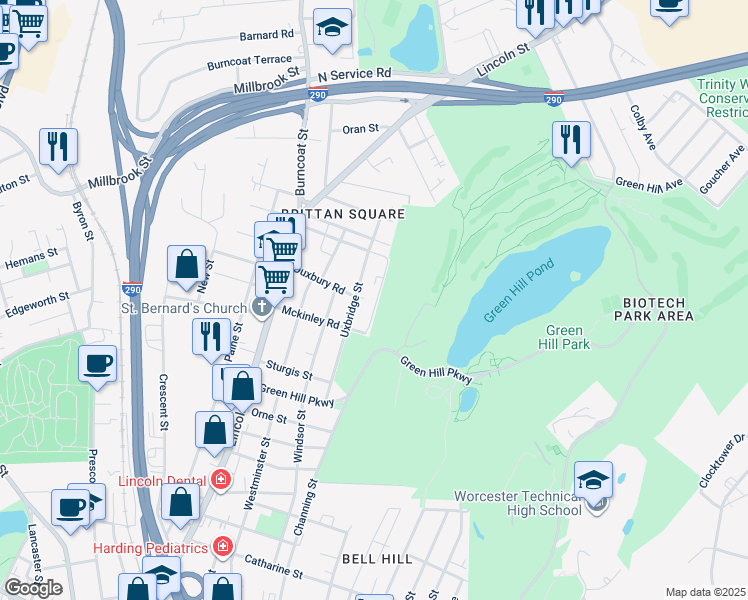map of restaurants, bars, coffee shops, grocery stores, and more near 19 Denmark Street in Worcester