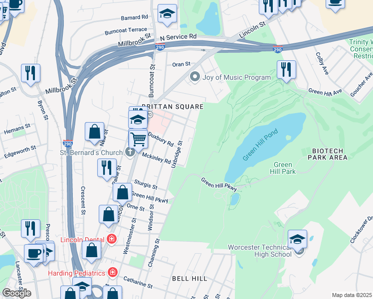 map of restaurants, bars, coffee shops, grocery stores, and more near 19 Denmark Street in Worcester