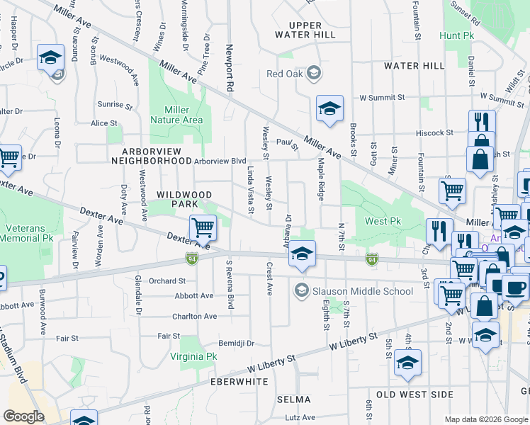 map of restaurants, bars, coffee shops, grocery stores, and more near 1208 Linwood Avenue in Ann Arbor
