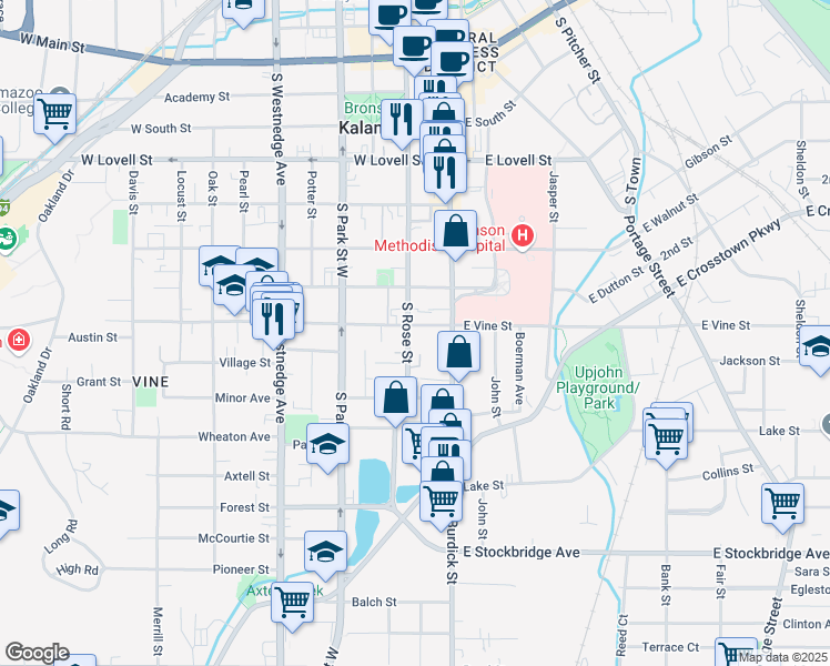 map of restaurants, bars, coffee shops, grocery stores, and more near 119 West Vine Street in Kalamazoo