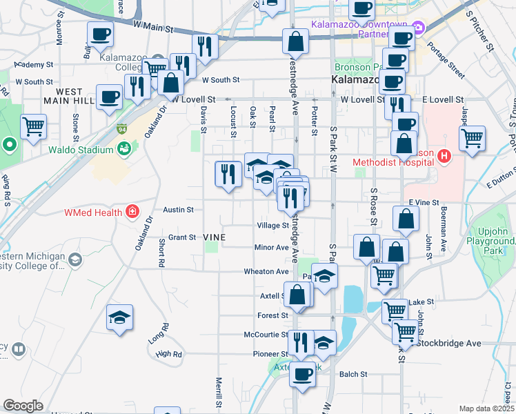 map of restaurants, bars, coffee shops, grocery stores, and more near 818 Vine Place in Kalamazoo
