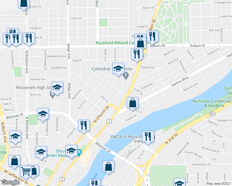 map of restaurants, bars, coffee shops, grocery stores, and more near 415 John Street in Rockford