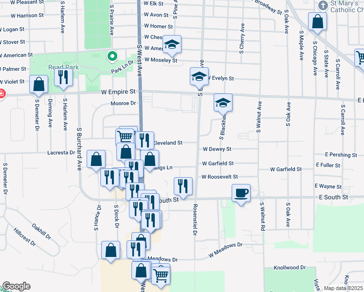 map of restaurants, bars, coffee shops, grocery stores, and more near 633 West Cleveland Street in Freeport