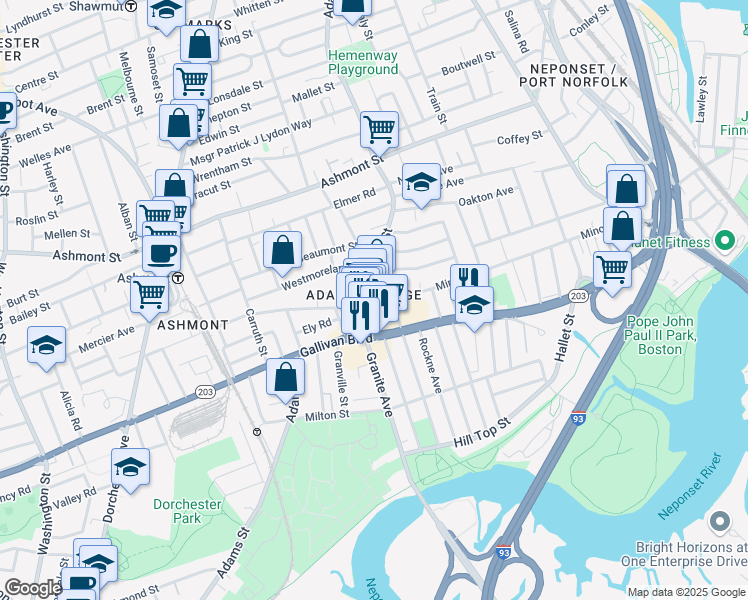 map of restaurants, bars, coffee shops, grocery stores, and more near 182-206 Minot Street in Boston