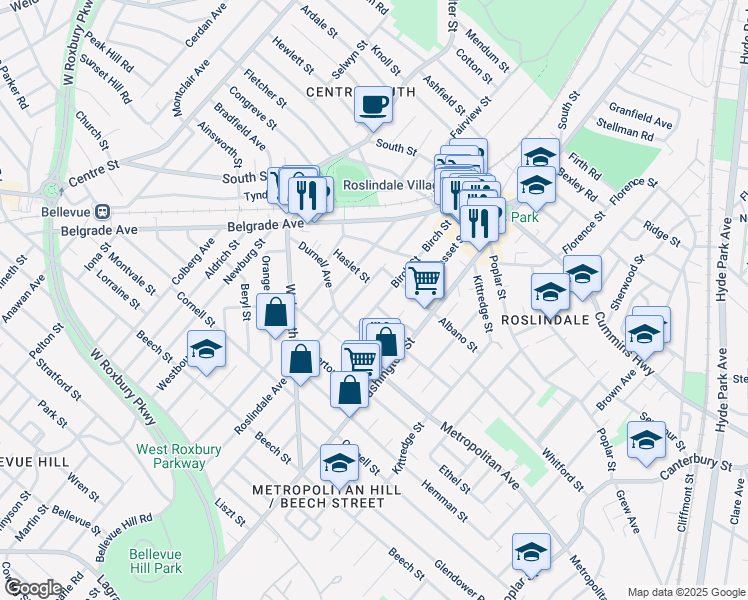 map of restaurants, bars, coffee shops, grocery stores, and more near 145 Birch Street in Boston