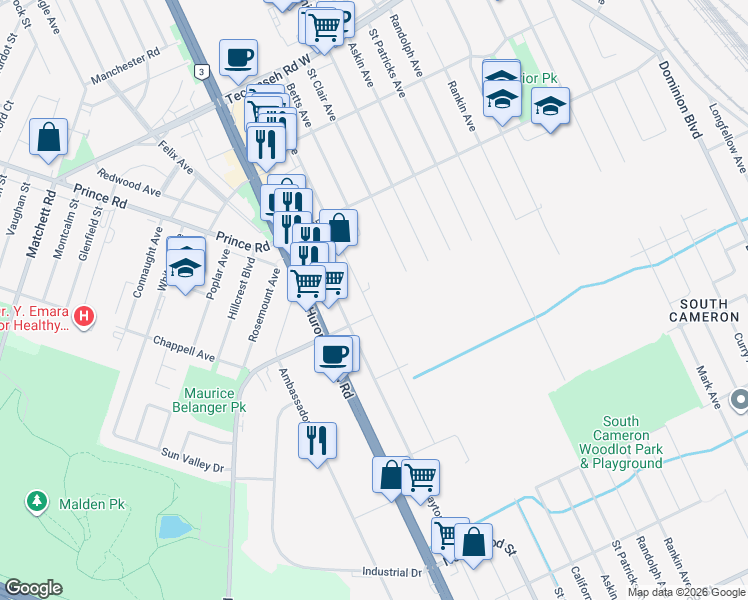 map of restaurants, bars, coffee shops, grocery stores, and more near 1816 Northway Avenue in Windsor