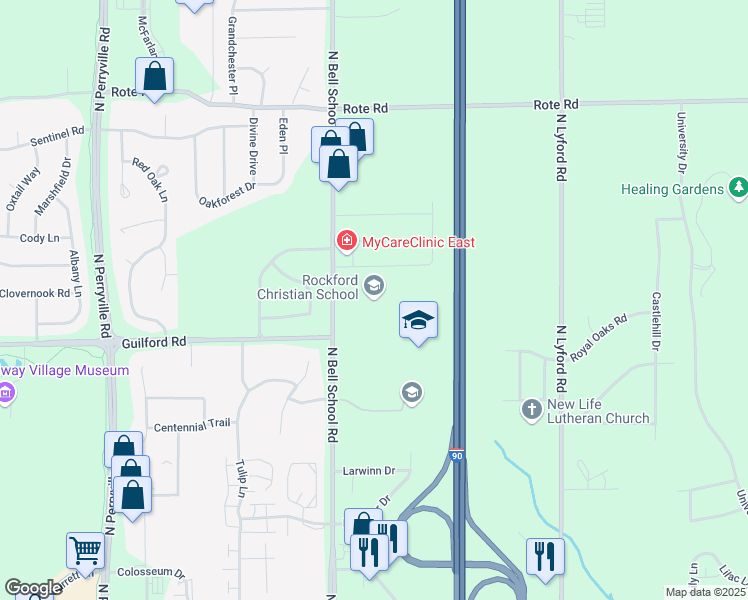 map of restaurants, bars, coffee shops, grocery stores, and more near 1401 North Bell School Road in Rockford