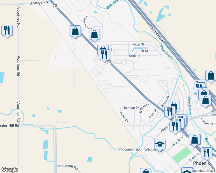 map of restaurants, bars, coffee shops, grocery stores, and more near 3848 South Pacific Highway in Medford