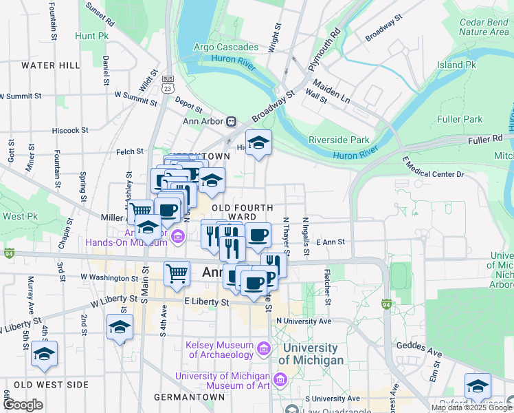 map of restaurants, bars, coffee shops, grocery stores, and more near 615 Lawrence Street in Ann Arbor