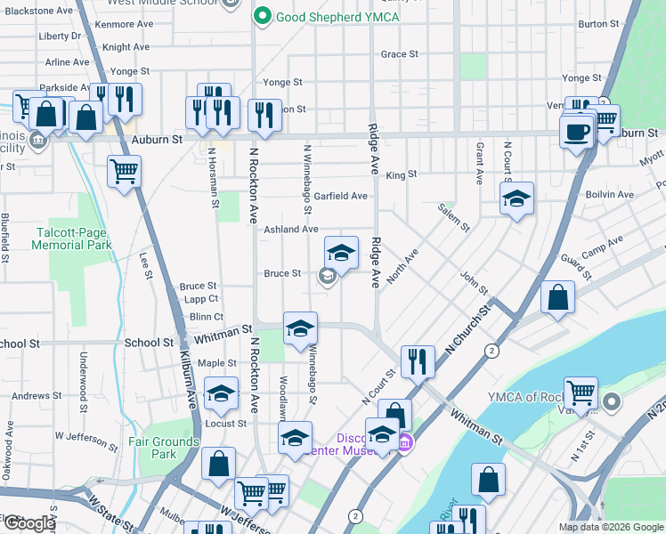 map of restaurants, bars, coffee shops, grocery stores, and more near 1004 Haskell Avenue in Rockford