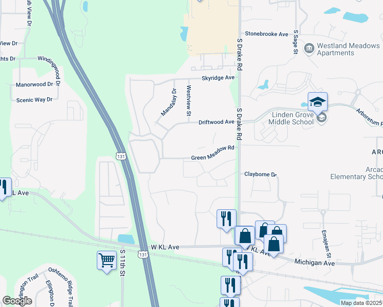 map of restaurants, bars, coffee shops, grocery stores, and more near 5290 Green Meadow Road in Kalamazoo