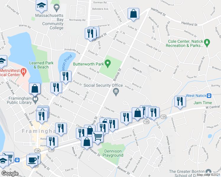 map of restaurants, bars, coffee shops, grocery stores, and more near 171 Bishop Street in Framingham