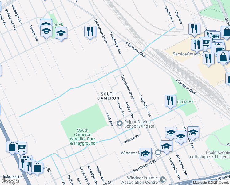 map of restaurants, bars, coffee shops, grocery stores, and more near 1496 Kenora Street in Windsor