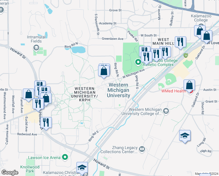 map of restaurants, bars, coffee shops, grocery stores, and more near 1815 West Michigan Avenue in Kalamazoo