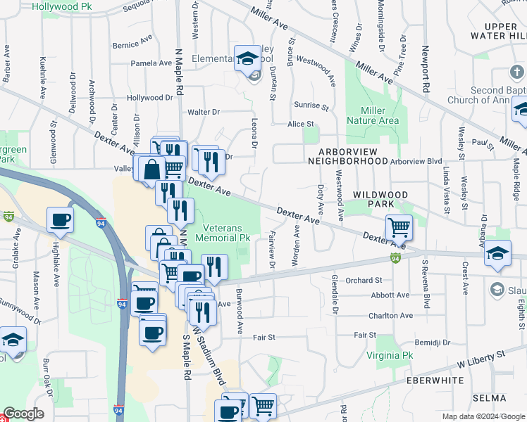 map of restaurants, bars, coffee shops, grocery stores, and more near 2225 Dexter Avenue in Ann Arbor