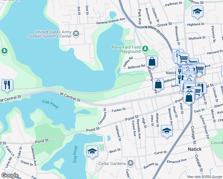map of restaurants, bars, coffee shops, grocery stores, and more near 20 Washington Avenue in Natick