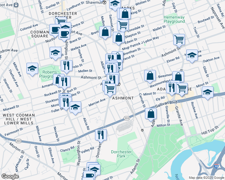 map of restaurants, bars, coffee shops, grocery stores, and more near 1918 Dorchester Avenue in Boston