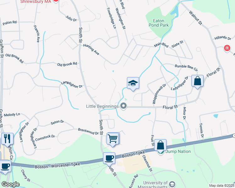 map of restaurants, bars, coffee shops, grocery stores, and more near 19 Floral Street in Shrewsbury