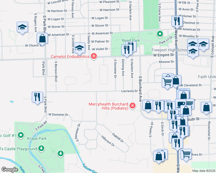 map of restaurants, bars, coffee shops, grocery stores, and more near 1208 Lacresta Drive in Freeport