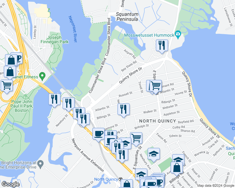 map of restaurants, bars, coffee shops, grocery stores, and more near 25 Russell Street in Quincy